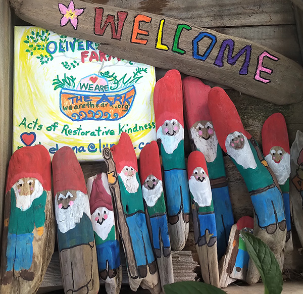 Colourful welcome sign and garden gnomes.