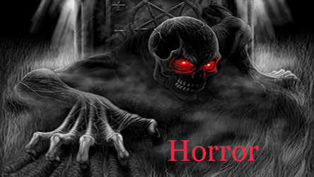 A Horror Image showing a scary skeleton with red eyes
