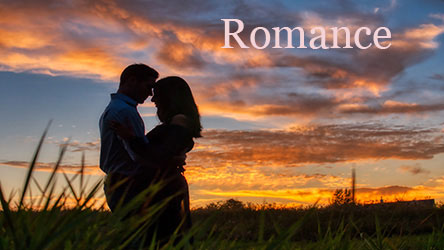 Romance Image showing a couple embracing in a sunset field