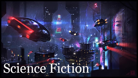 Science Fiction Image showing a futuristic city and flying automobiles